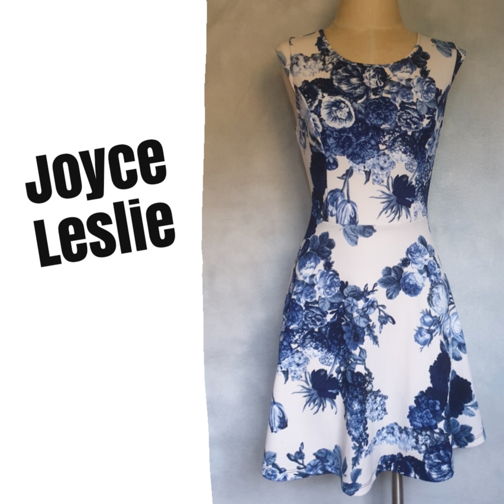 Joyce Leslie NWT Short Cap Sleeve Blue & Off White Floral A-Line Midi Dress M/J